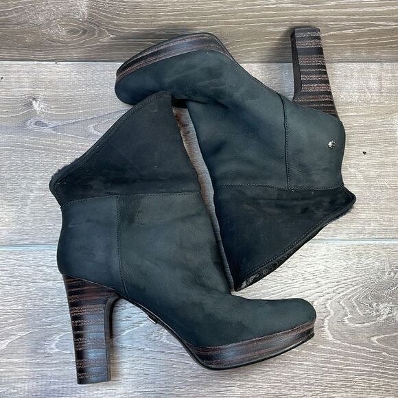 Ugg Dandylion Black Leather Women’s Sz 9.5 Gray Sheepskin Fold Over 4” Heel Boot - Picture 9 of 14
